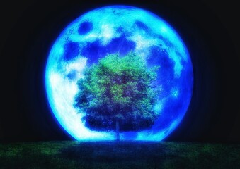 光り輝く抽象的な青い満月と一本の緑の木の3dイラスト