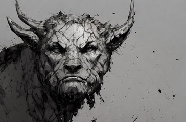 Naklejka premium Portrait of terrifying minotaur. Fantastic creature. Fabulous bull with frightening facial expression. Mythical monster. Generative AI 