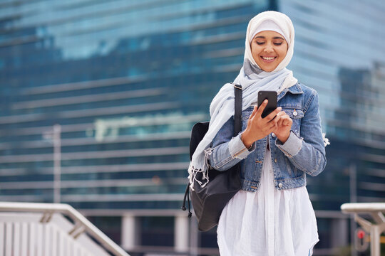 Travel, location and muslim woman in a city online for gps, map and navigation against building. Islamic, smartphone and independent girl student online in Dubai, app and taxi with mockup space