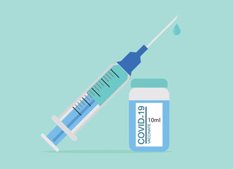 Covid-19 Coronavirus concept. vaccine vial and syringe. quarantine from Wuhan novel coronavirus. pandemic covid-19 outbreak. isolated icon. flat vector illustration