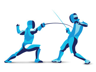 Trendy stylized illustration movement, fencers, line vector silhouette of fencers mans.