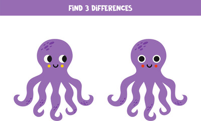 Find three differences between two cute octopuses.