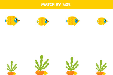 Matching game for preschool kids. Match butterfly fish and seaweed by size.