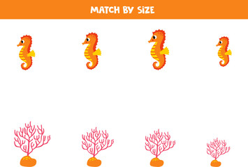 Matching game for preschool kids. Match seahorses and corals by size.