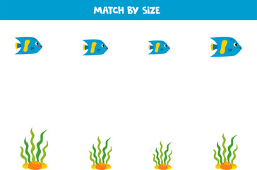 Matching game for preschool kids. Match blue fish and seaweed by size.