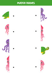 Match parts of cartoon cute sea animals. Logical game for children.