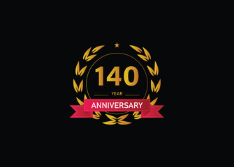 140 year anniversary celebration. Anniversary logo with ring and elegance golden color isolated on black background, vector design for celebration.