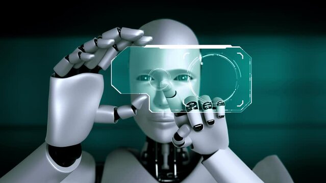 Robot hominoid hold HUD hologram screen in concept of AI thinking brain, artificial intelligence and machine learning process for the 4th fourth industrial revolution. 3D rendering.