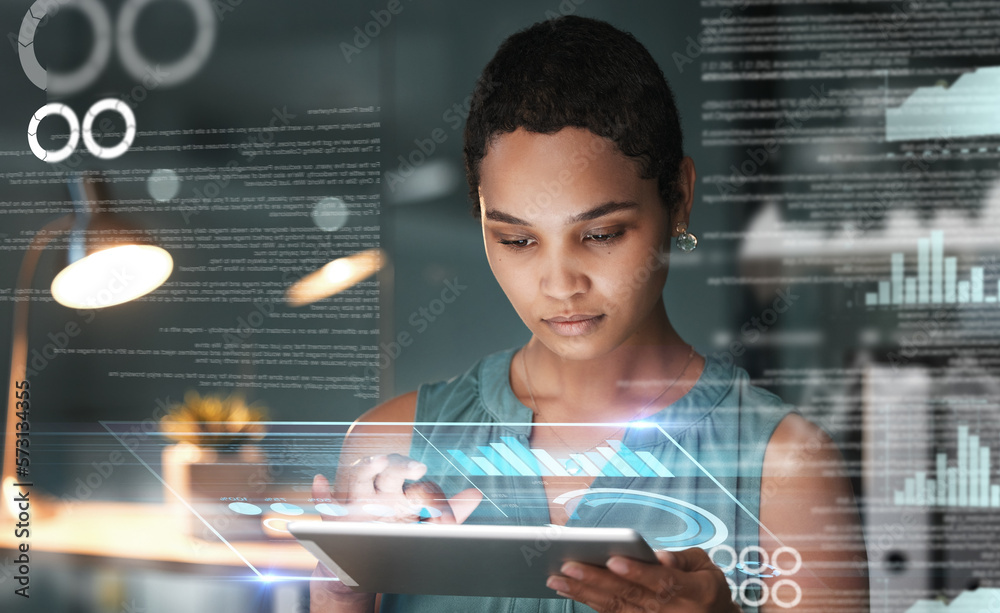 Poster Black woman with tablet, focus and data overlay for erp app innovation, research and programming in future info technology. Futuristic analytics, software and developer for startup business website.