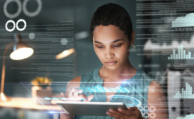 Black woman with tablet, focus and data overlay for erp app innovation, research and programming in future info technology. Futuristic analytics, software and developer for startup business website. - obrazy, fototapety, plakaty