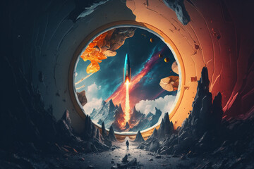 a fantastical image of a rocket flying through a portal to an alternate universe with vibrant colors and details of the portal Generative AI