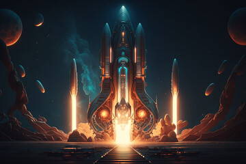 a rocket taking off from a futuristic launchpad with intricate designs and glowing lights Generative AI