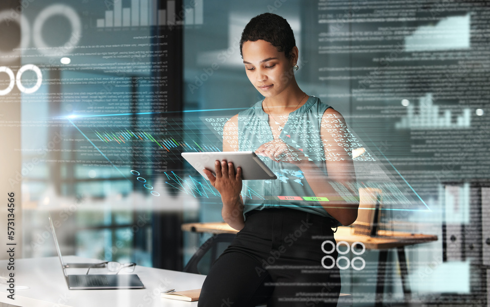 Poster Black woman with tablet, erp overlay and charts, innovation in research and programming for future app technology. Futuristic network, analytics and developer for startup business website IT software