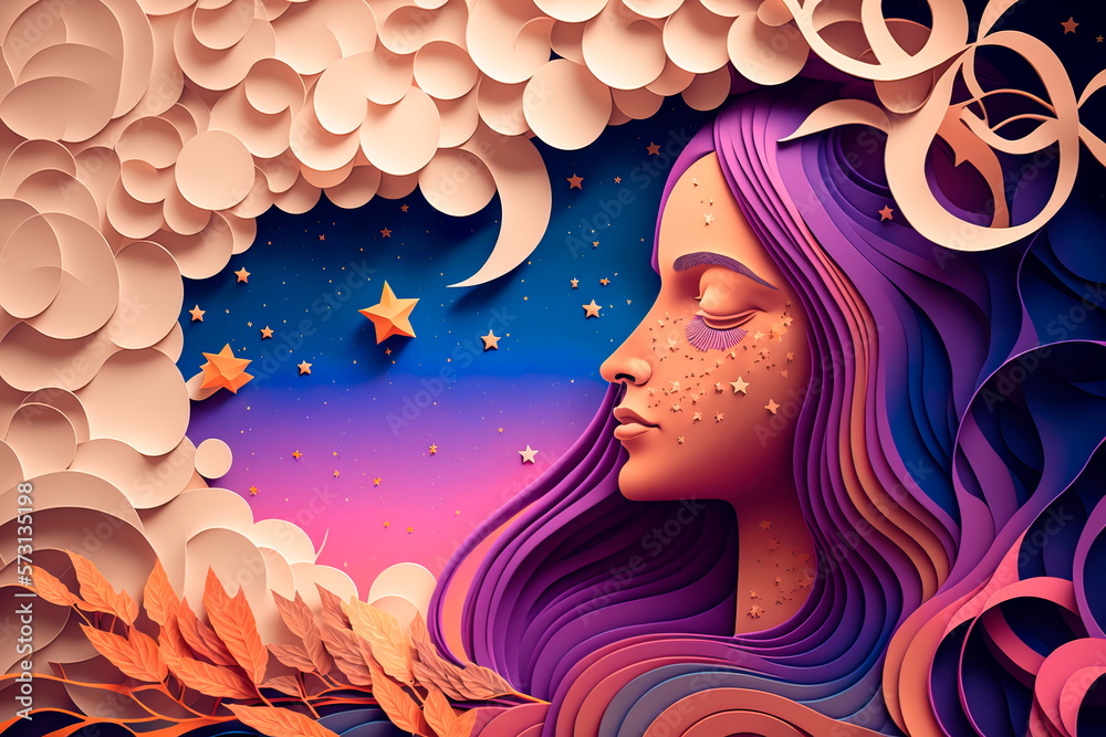 Wall mural beautiful girl with long wavy hair fairy tale.generative ai