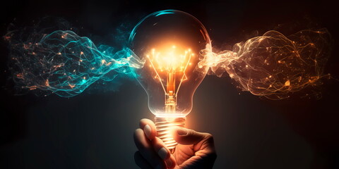 Creativity with glowing light bulbs.Hand hold Generative AI