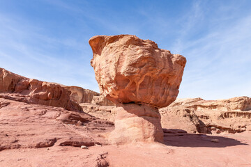 Mushroom  rock, a rock formed by the erosion of red sandstone in the national park Timna, near the city of Eilat, in southern Israel