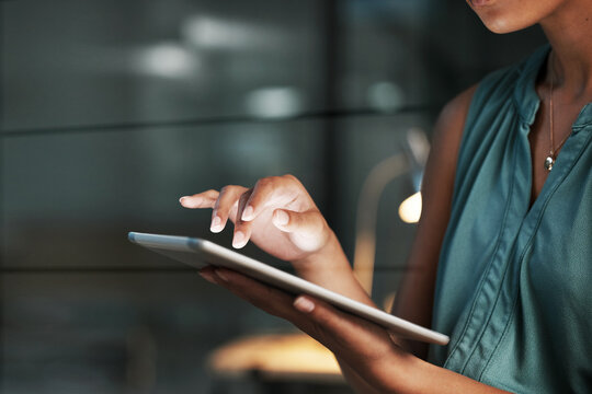 Hands, accountant or black woman at night on tablet for strategy, tax or audit review at a company business. Finance, girl or advisor scroll on tech for planning stock market, invest research