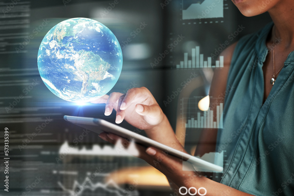 Poster Tablet, hands and globe hologram with analytics, graph and future technology with digital overlay and woman with finance. Global network, world stock market and 3D, with investment and big data code