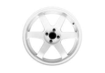 Fototapeta premium Car alloy wheel isolated on white background. New alloy wheel for a car on a white background. Alloy rim isolated. Car wheel disc.