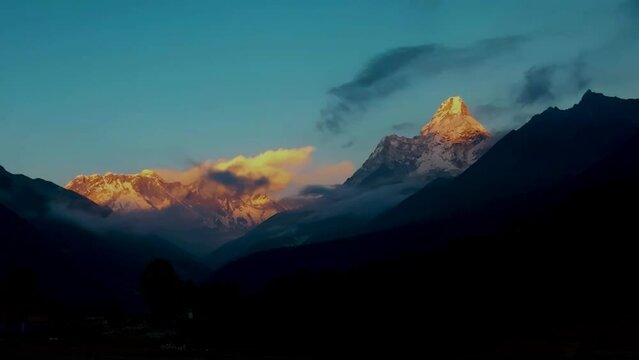Timelapse of Sunset of Mt. Everest, Lhotse and Mt. Ama Dablam from Tengboche, Solukhumbu, Nepalese Himalayas.