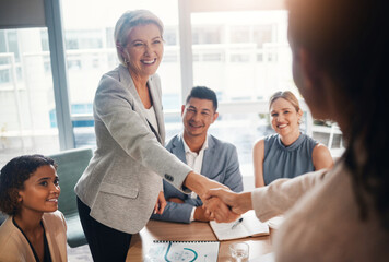 Ceo meeting, success or business people shaking hands after a contract agreement for working...
