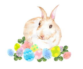イースターエッグとウサギの水彩イラスト