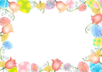 イースターエッグとチューリップのフレーム　A4サイズ Watercolor easter eggs decorated with spring flowers