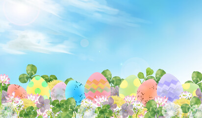 Obraz na płótnie Canvas 春の草花の上に置かれたイースターエッグのイラスト Watercolor easter eggs decorated in the grass on blue sky