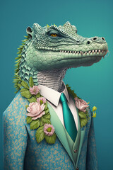 Alligator  as Fashion Model in Floral Suite Summer Dressing Generative AI Digital Illustration Part#190223