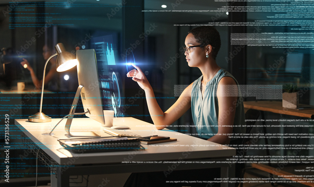 Poster Computer, hologram graphs and woman point at finance hud, stock market database or future night overlay. Forex investment dashboard, web data analysis and African trader trading NFT or bitcoin crypto