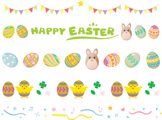 イースターのウサギとヒヨコと卵のラインイラストのセット