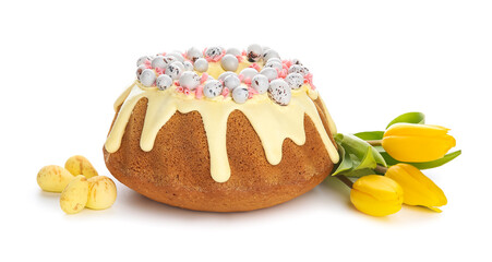 Sweet Easter cake with eggs and tulip flowers on white background