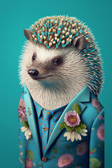 Hedgehog  as Fashion Model in Floral Suite Summer Dressing Generative AI Digital Illustration Part#190223