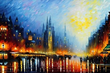 An expensive oil painting illustration of a beautiful city city when it rains