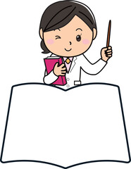 本・ノートのシンプルなフレームを利用して説明する女性