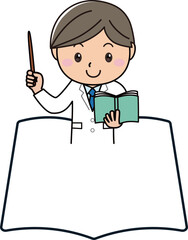 本・ノートのシンプルなフレームを利用して説明する男性