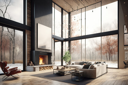 Expansive living room with floor to ceiling windows and a modern fireplace, 3D render, 3D illustration. Generative AI