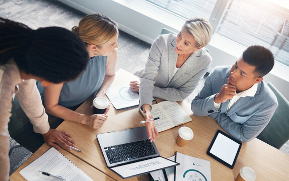 Top view, business people or laptop screen in meeting for teamwork planning, finance diversity or investment workshop. Corporate men, women or collaboration on technology for fintech budget strategy