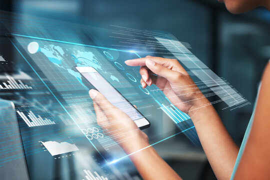 Phone hologram chart, hands or woman review finance hud, stock market database or future global economy. Forex investment dashboard, online data analysis or night trader trading NFT or bitcoin crypto