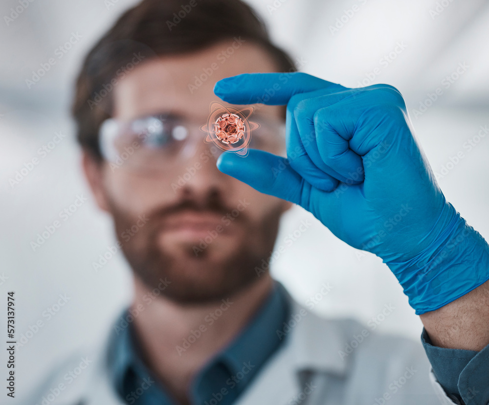 Poster science, research and scientist with virus, medical and sample for particle, innovation and lab test
