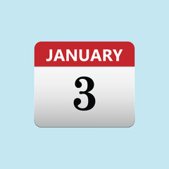 January 3. Calendar icon. Vector illustration, flat style. Date, day of month. Sunday, Monday, Tuesday, Wednesday, Thursday, Friday, Saturday. Weekend, red letter day.