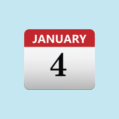 January 4. Calendar icon. Vector illustration, flat style. Date, day of month. Sunday, Monday, Tuesday, Wednesday, Thursday, Friday, Saturday. Weekend, red letter day.