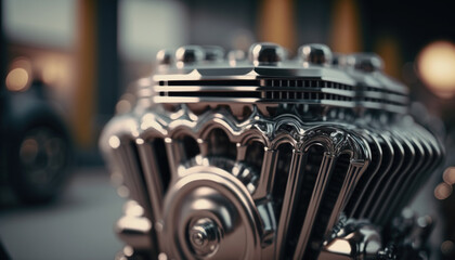 Fototapeta premium Shiny chrome motorcycle engine block, generative Ai