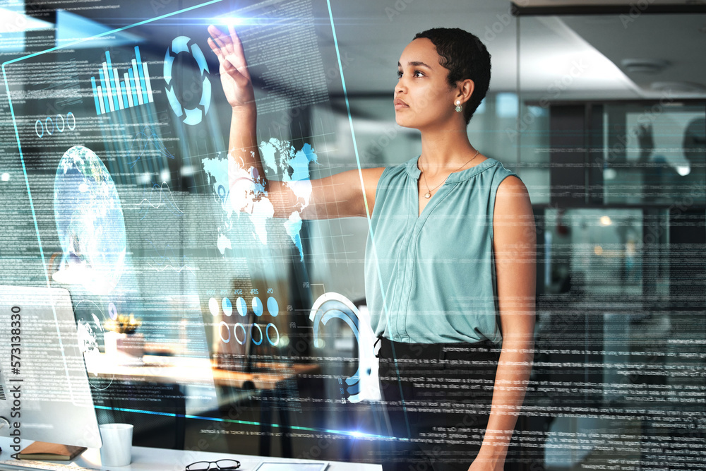 Poster Globe, virtual reality and overlay with a business black woman using an ai ux interface to access the metaverse of data. Digital, future or working on information or a 3d hologram for global network