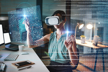 Woman, coding and night with vr double exposure, hologram graphic or web design planning for cybersecurity. Developer, augmented reality glasses or future cloud computing at office with metaverse ux