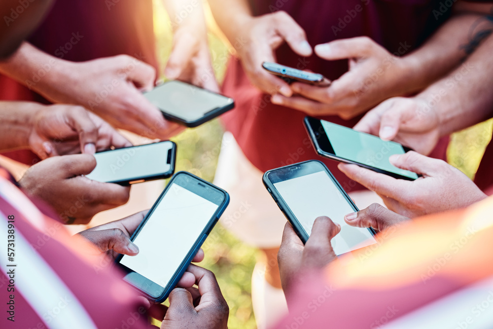 Poster hands, phone and networking on mockup screen in sports collaboration, social media or communication.