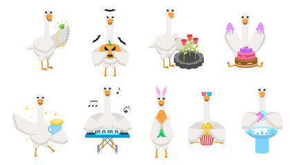 Big Set Abstract Collection Flat Cartoon Different Animal Birds Goose, Geese Vector Design Fauna Wildlife