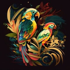 Obraz premium Colorful cubism illustration of parrots on tree branch. Made with Generative AI.
