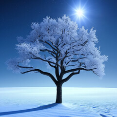 Lonely frozen tree on snowy moonlight. Generative AI