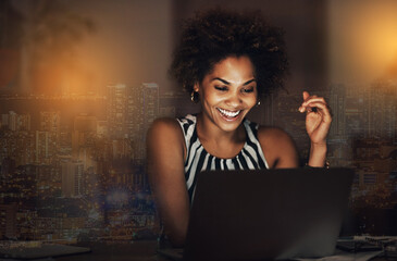 Overlay, black woman and business with laptop, smile and futuristic ideas for opportunity, growth and metaverse. Future, African female employee and leader with skills, management and device for data